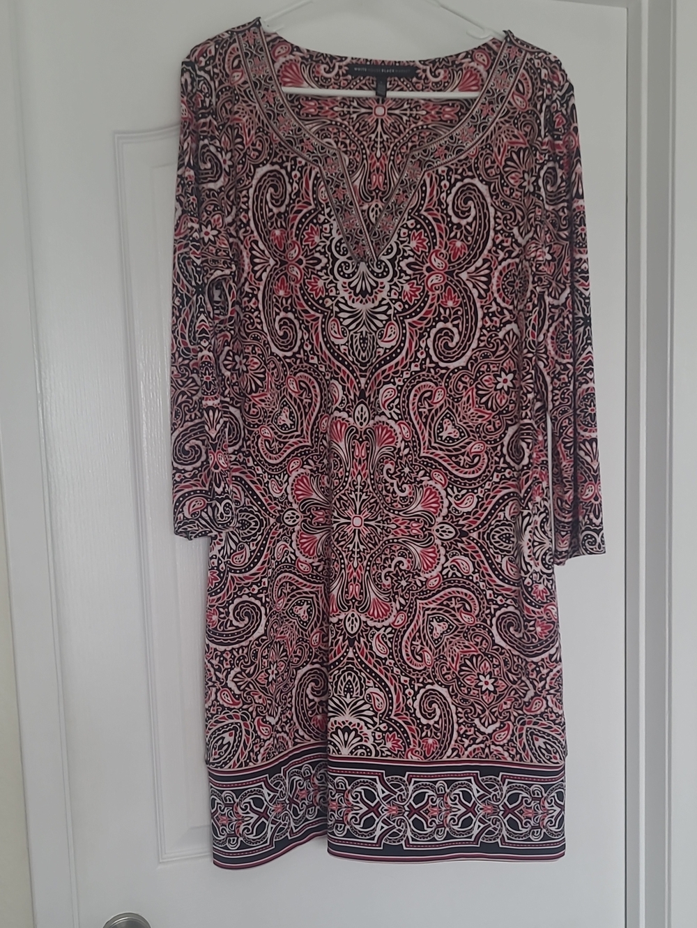 White House Black Market Red, Black and Tan Paisley Midi Dress, Large